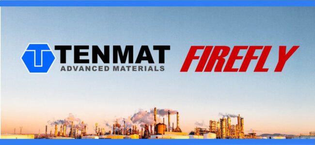 tenmat-firefly-hot-gas-filters-img Tenmat Advanced Materials and Firefly logos above an industrial plant with smoke stacks at sunset.
