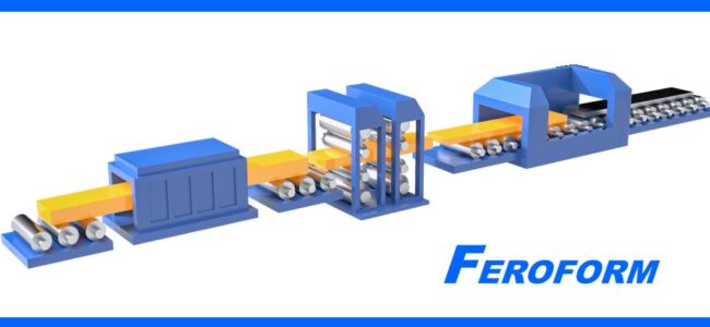 tenmat-kevlar-fibre-rollers-for-hot-cold-metal-rolling Diagram of a metal rolling and forming process with blue machinery and yellow material, labeled “FEROFORM.”.