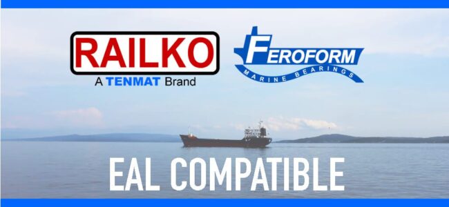tenmat-railko-feroform-bearings-eal-compatible Logos for Railko and Feroform above a cargo ship at sea with the text EAL COMPATIBLE in bold letters.