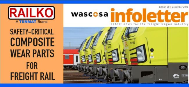 tenmat-railko-wascosa-infoletter Orange banner with yellow trains, SAFETY-CRITICAL COMPOSITE WEAR PARTS FOR FREIGHT RAIL and company logos.