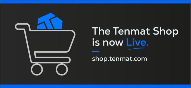 tenmat-shop-news-piece A shopping cart with boxes and text: The Tenmat Shop is now Live. shop.tenmat.com.