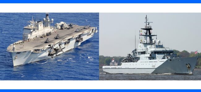 tenmats-farewell-to-hms-ocean-hms-severn Two naval ships: one aircraft carrier with helicopters, and one patrol vessel sailing on the water.