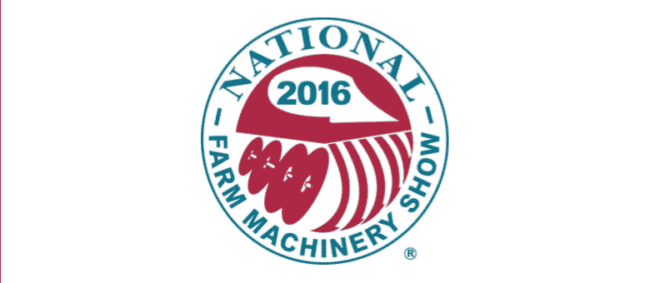 weld-tungstencarbide National Farm Machinery Show 2016 logo featuring stylized farm equipment in red and teal.