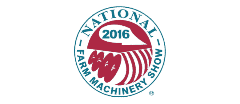 National Farm Machinery Show 2016 logo featuring stylized farm equipment in red and teal.