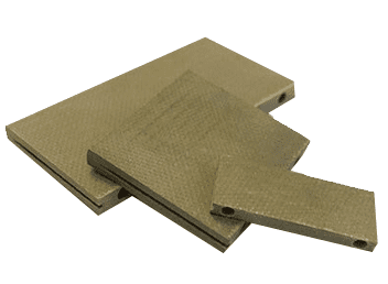 Three stacked rectangular sheets of textured brown composite material, each with a small hole in the corner.