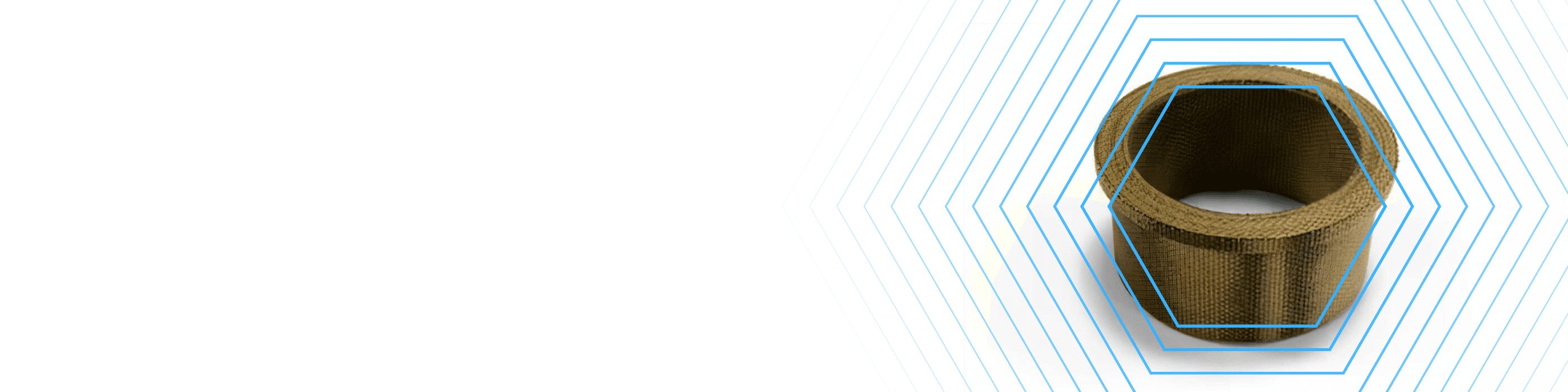 Brown cylindrical woven object with blue hexagonal lines on a white background.