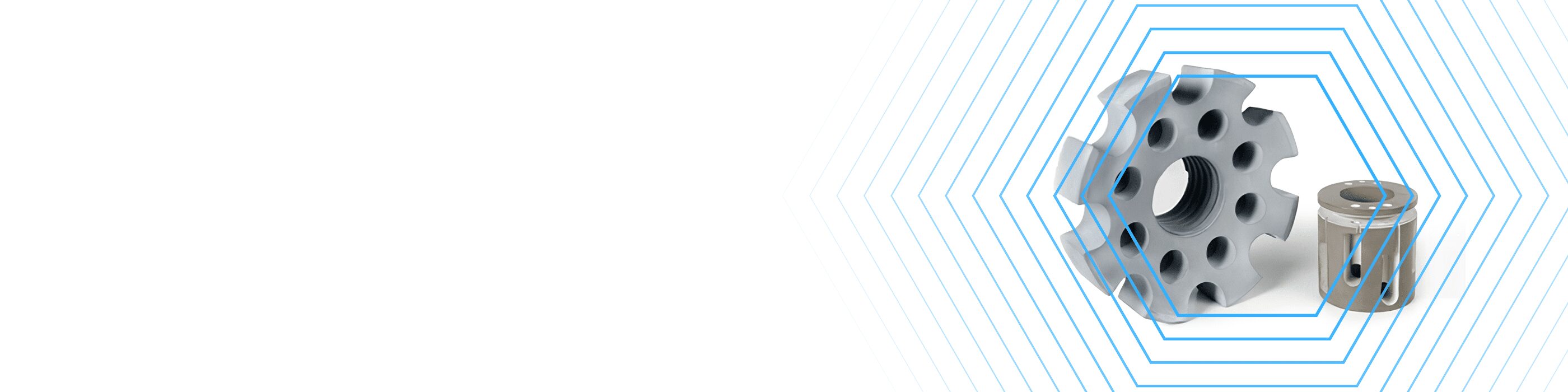 A silver gear and cylindrical part with blue hexagonal lines on a white background.