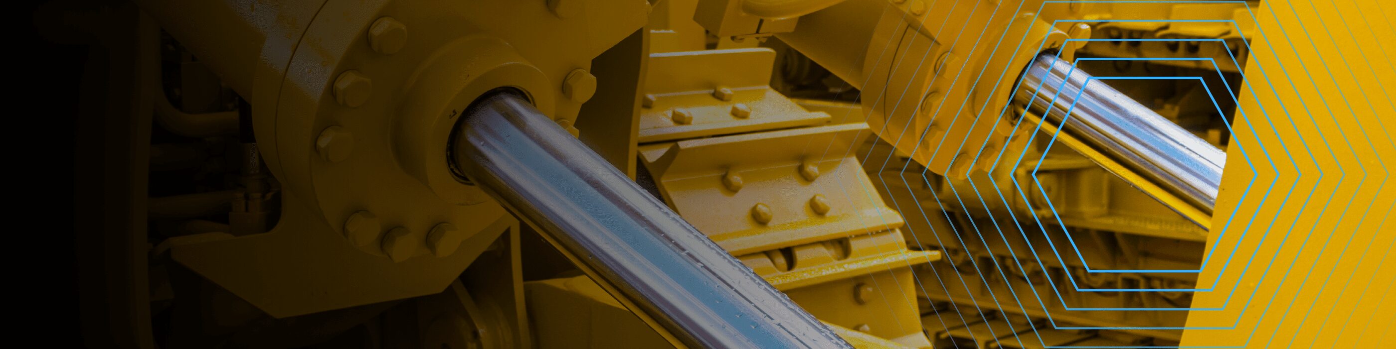 Close-up of yellow hydraulic machinery with metal piston rods and blue hexagon overlay on the right side.