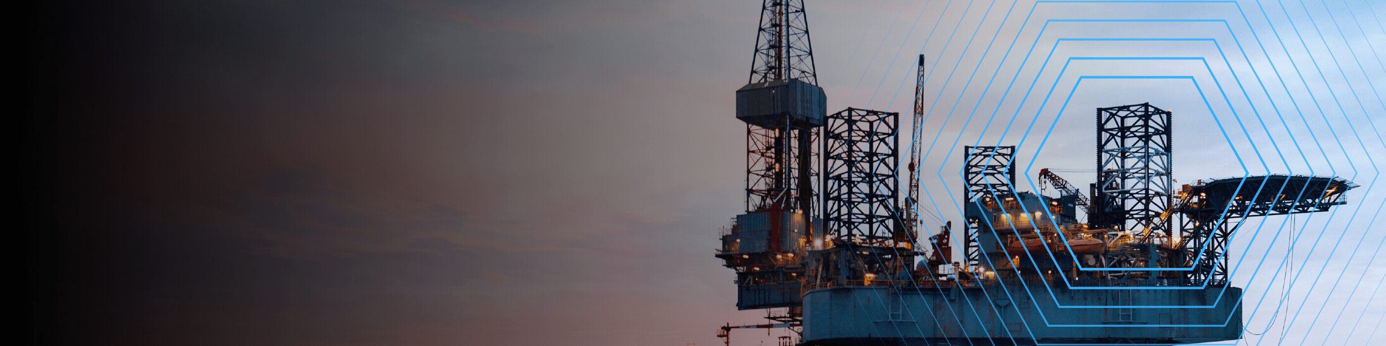 Offshore oil rig at dusk with geometric blue lines overlaying the right side of the image.