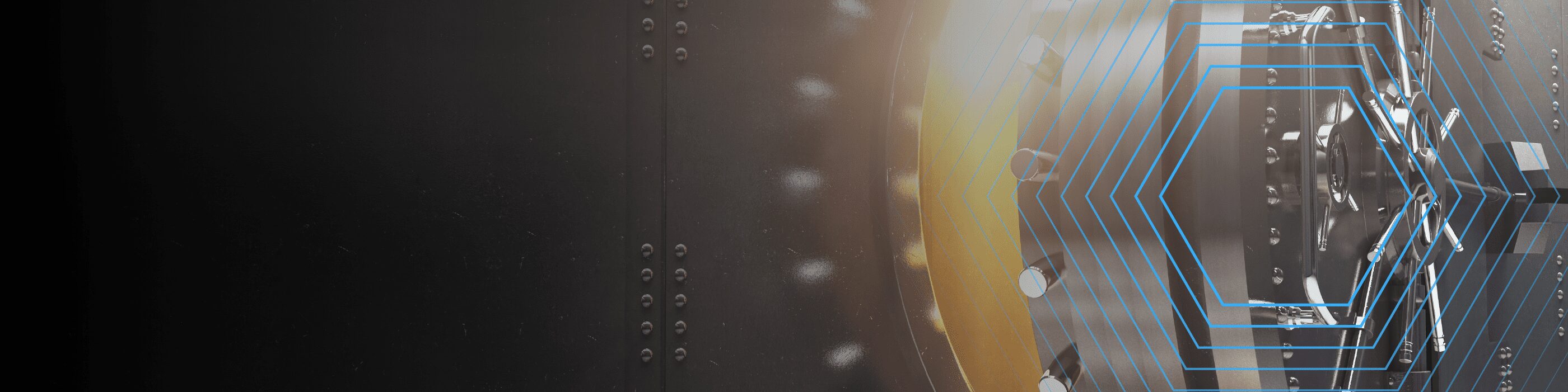 Close-up view of a large metal vault door with glowing hexagonal digital lines overlay.