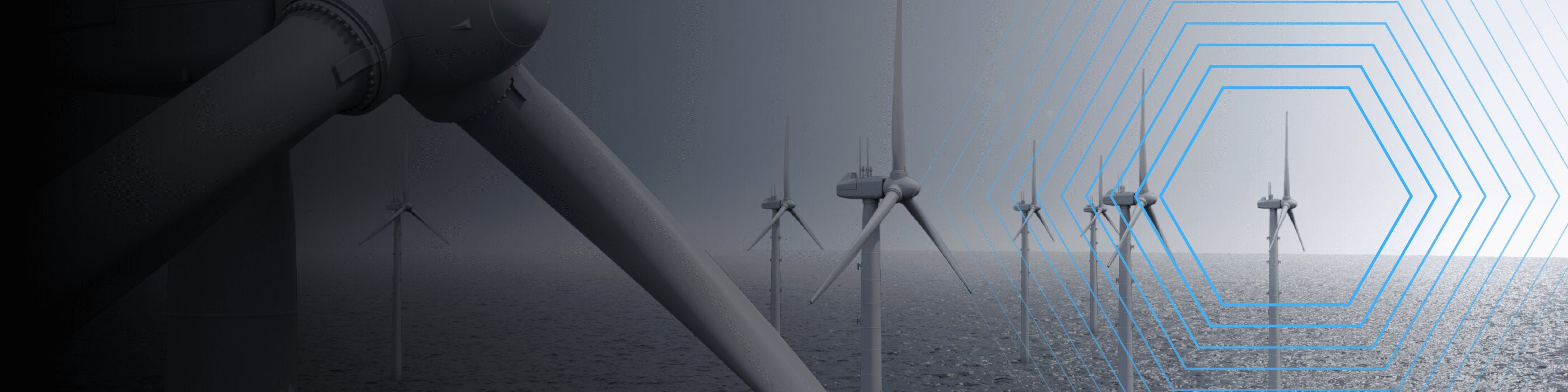 Wind turbines in the ocean with blue hexagonal graphic overlays on the right side.