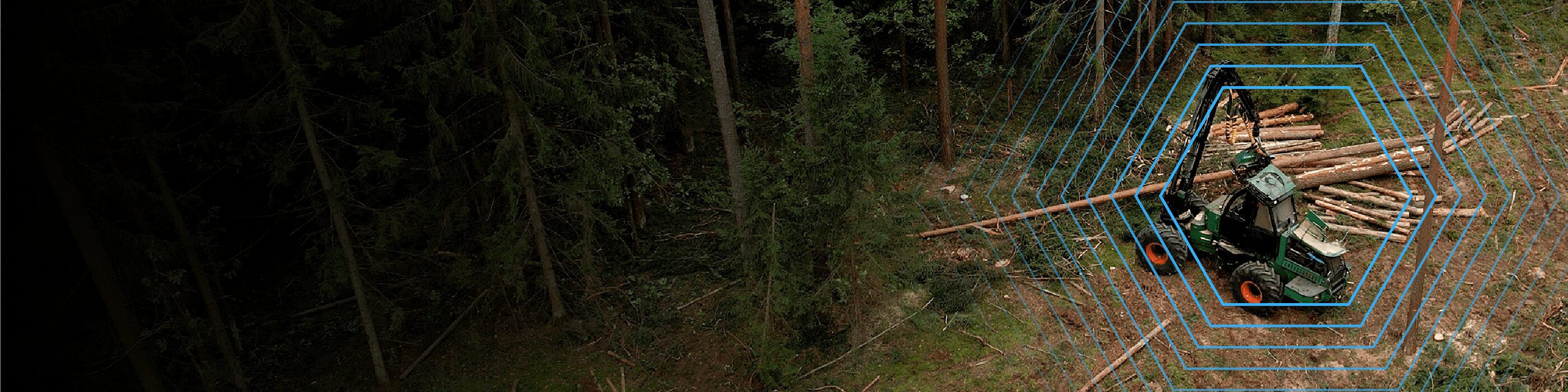 A logging vehicle gathers cut trees in a forest, surrounded by blue hexagonal digital overlay lines.