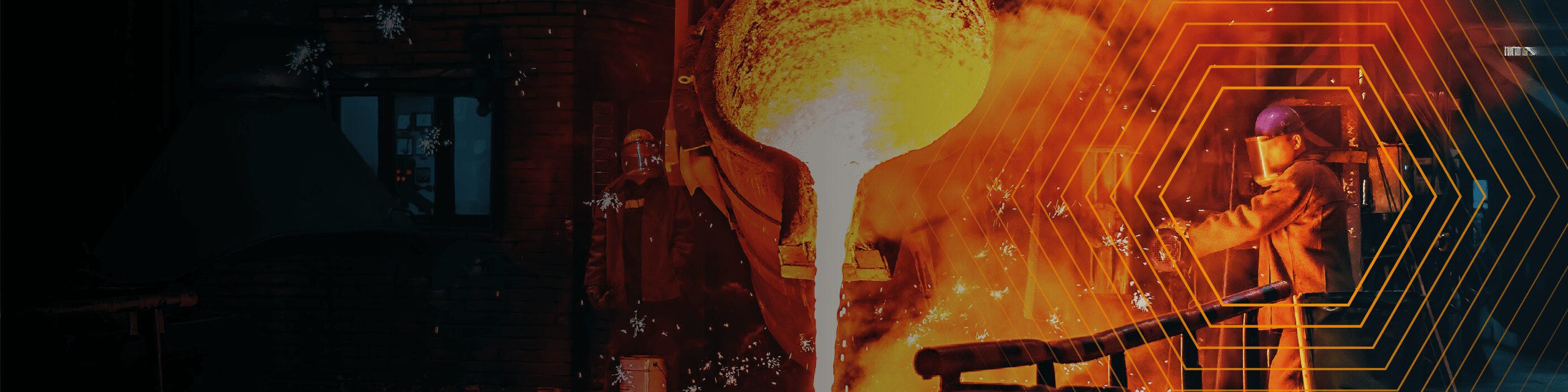 A worker in protective gear pours molten metal in a foundry with bright orange and yellow lighting effects.