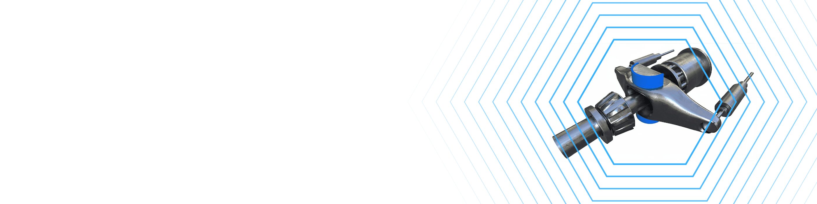 A futuristic robotic device with blue accents, centered on a white background with blue hexagonal lines.
