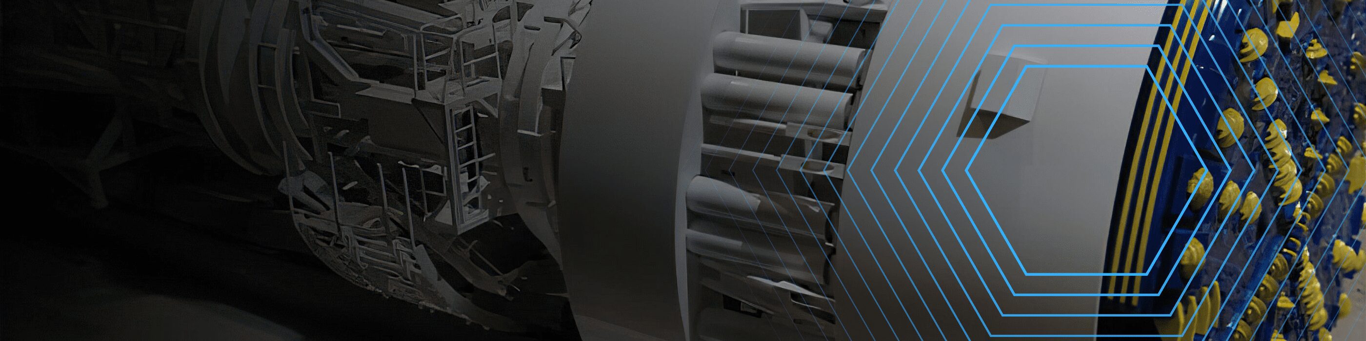 Close-up view of industrial machinery with yellow hard hats and blue geometric lines overlay on the right.